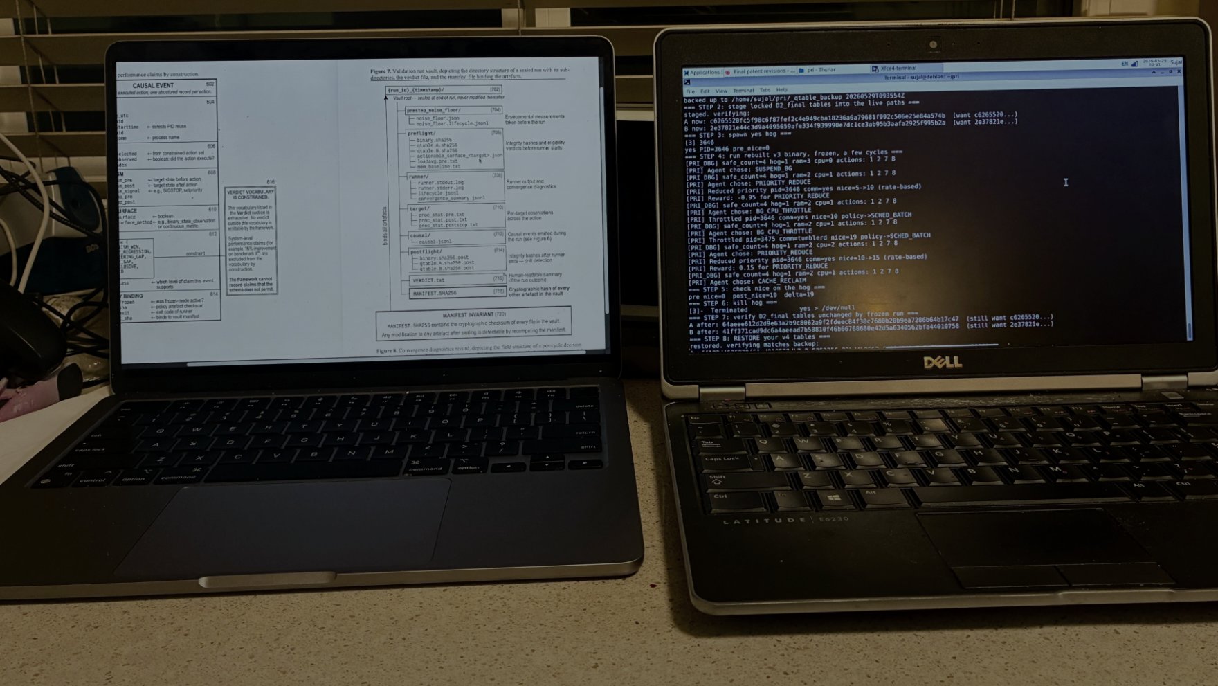 PRI work in progress: patent architecture figures on a MacBook beside the live PRI agent log running on a 2013 Dell Latitude E6230