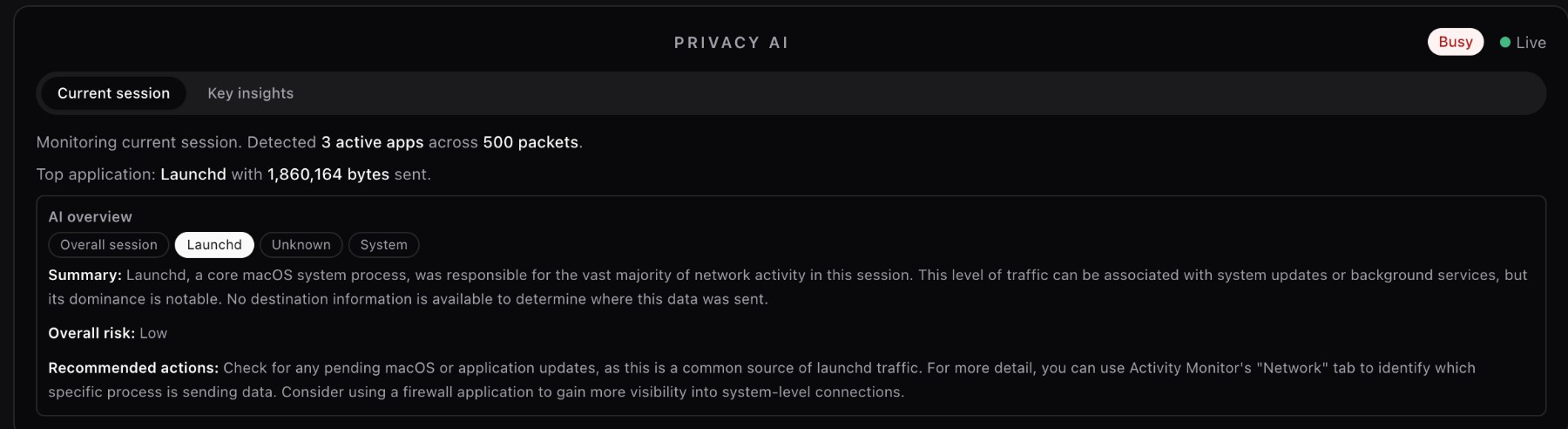 Privacy AI panel close-up: summary, overall risk, and recommended actions for a selected app