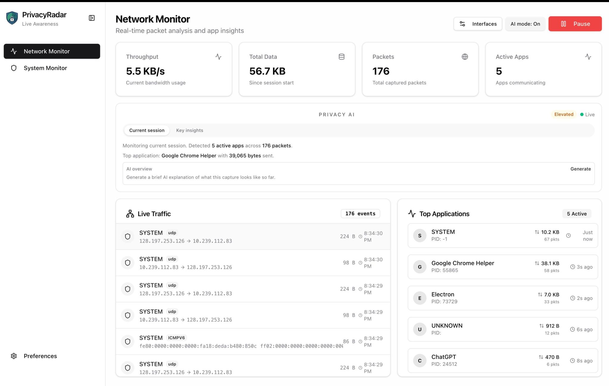 PrivacyRadar dashboard in light mode showing the Privacy AI panel summarizing a live capture
